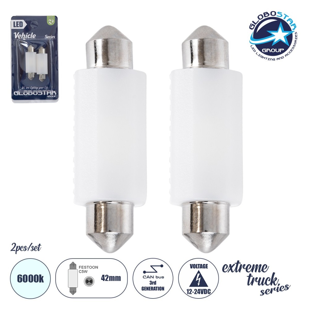 GLOBOSTAR® C5W 81335-B Σωληνωτή Λάμπα C5W 42mm CANbus LED 1.9W-3.8W 285lm-570lm 120° DC 12-24V IP20 Ψυχρό Λευκό 6000K - 2 x Epistar SMD3030 Chip - Μ4.2 x Π1.2 x Υ1cm - Πακέτο Blister 2 Τεμαχίων - 1 Χρόνο Εγγύηση